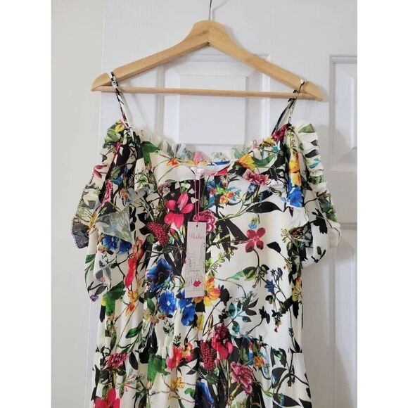 Parker Dress Floral Flowy Romantic Flounce Cold Shoulder Size L NWT $398 - Picture 2 of 10